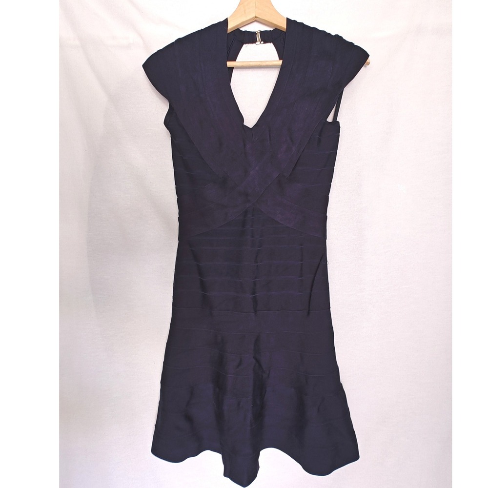 BCBG Max Azria Bandage Dress Navy Blue VNeck Keyhole Bodycon Flared Hem M Y2K